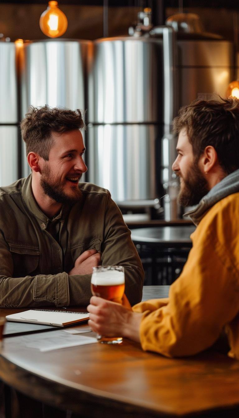 Give me an image of two people, one of them interviewing the other while grabbing a beer in a trendy brewery