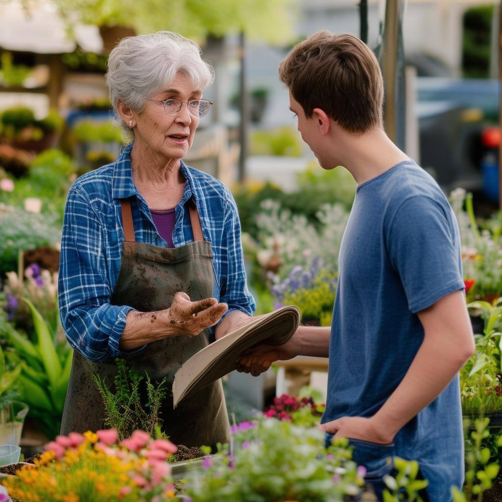 an middle aged woman passing on knowledge to a young man she has been a florist for decades an middle aged woman passing on knowledge to a young man she has been a florist for decades
