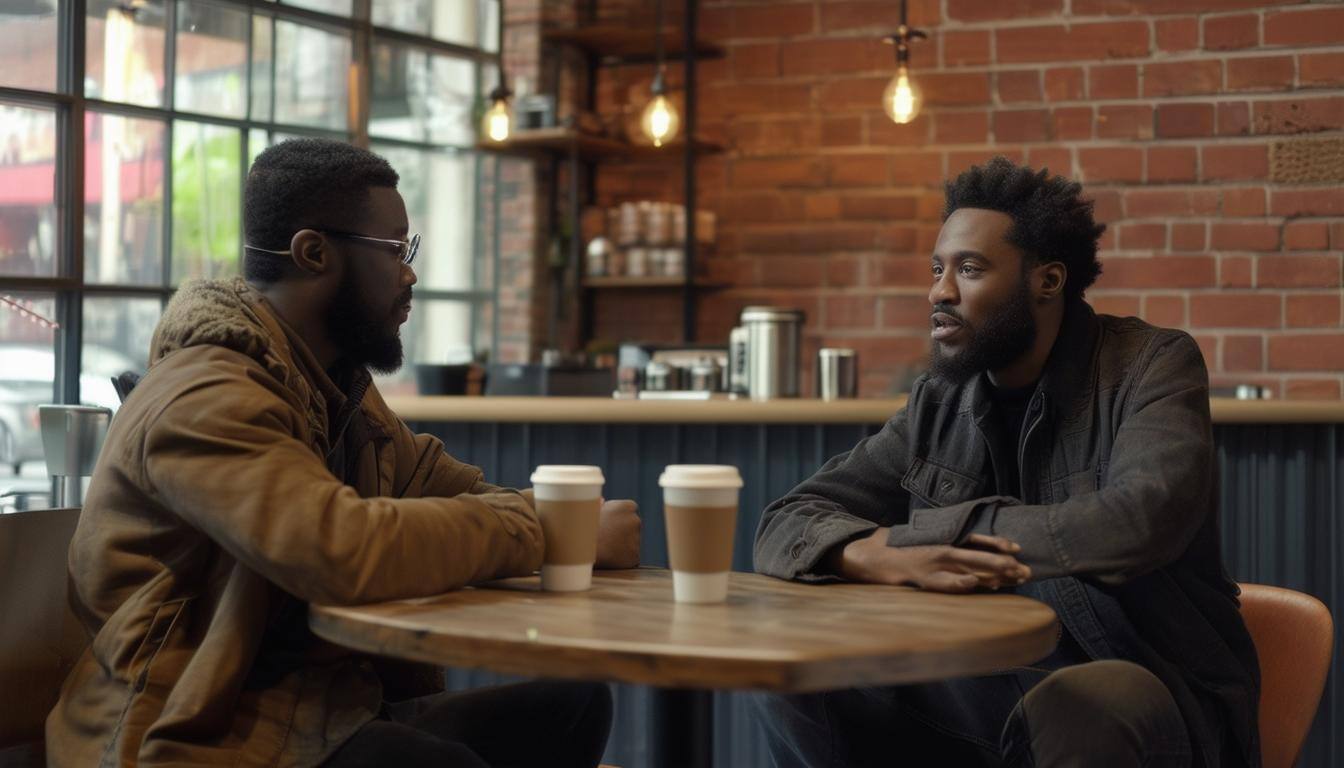 two men speaking casually in a hipster coffee shop with brick walls one is a business owner and the other is asking about the impact to their communit