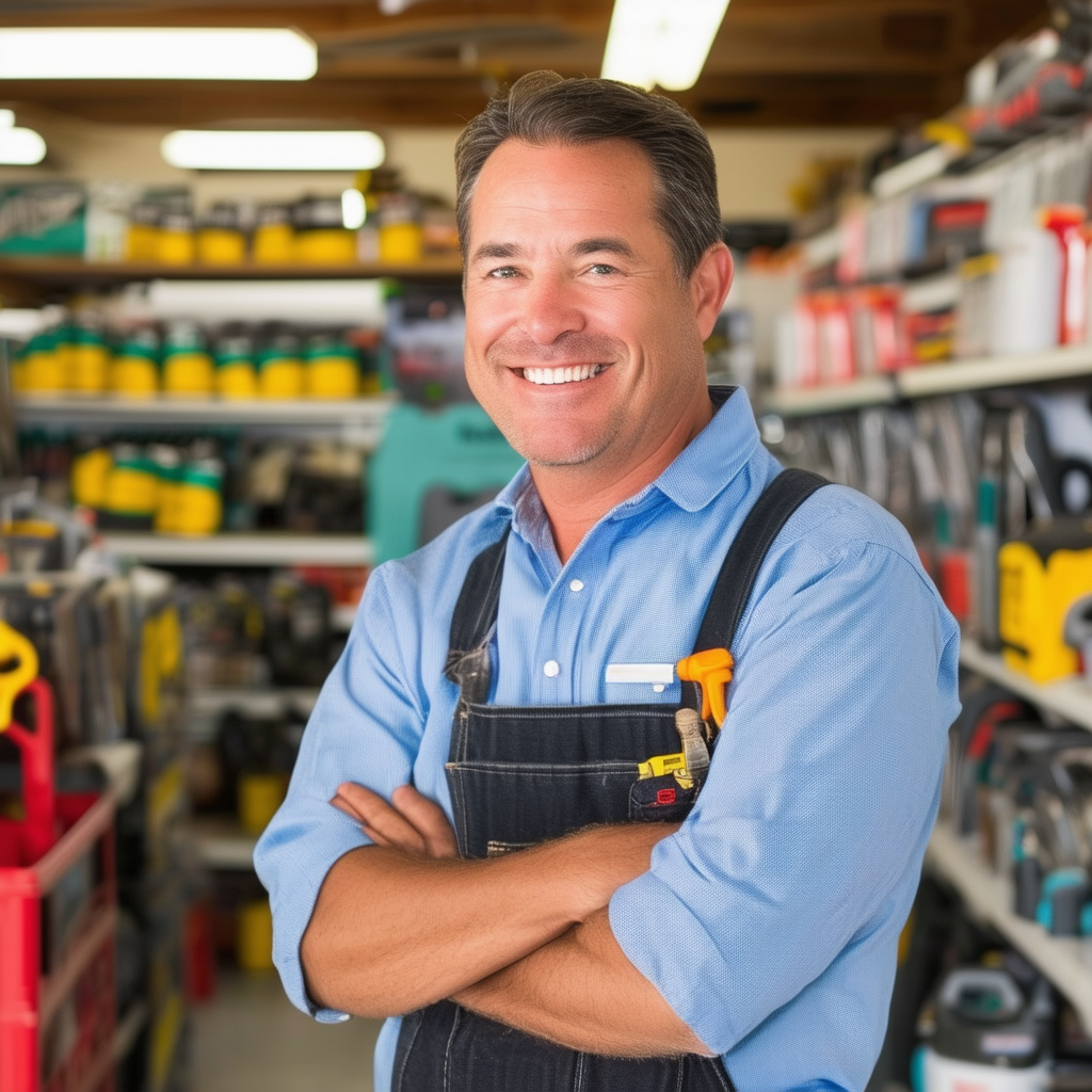 A smiling store owner standing in front of a fully